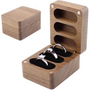 Walnut Wooden Engagement Wedding Ring Storage Box, Solid Wood Square Box for Ring Storage 3 Slots Wedding Ceremony Ring Bearer Box