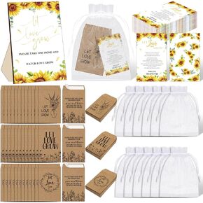 Ireer 101 Set Let Love Grow Wedding Favors for Guests Include 1 Wooden Sign 100 Self Adhesive Seed Packets Kraft Paper Seed Envelopes 100 Let Love Grow Cards 100 Bags for Guest Bridal Shower (Kraft)