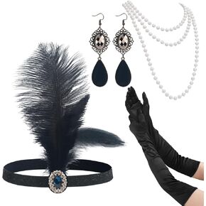 1920s Flapper Accessories Set Include Black Long Opera Gloves Flapper Headpiece Pearl Necklace Vintage Earrings