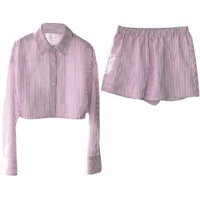 MakeMeChic Women's 2 Piece Outfit Striped Long Sleeve Crop Collared Button Down Shirt and Shorts Set