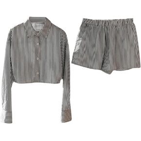MakeMeChic Women's 2 Piece Outfit Striped Long Sleeve Crop Collared Button Down Shirt and Shorts Set
