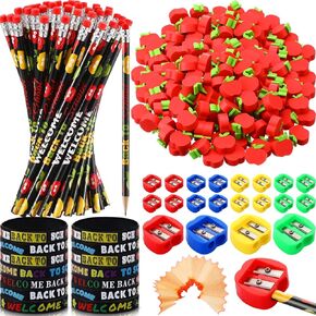 PerKoop 240 Pcs Welcome Back to School Stationery Include Welcome Back To School Pencils Mini Apple Erasers Silicone Bracelet Pencil Sharpeners for Kids Classroom Reward Prizes School Supplies
