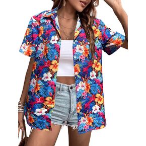 Women's Hawaiian Shirts Floral Tropic Print V Neck Button Down Shirt Summer Hawaii Short Sleeve Blouse Tops
