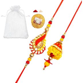 Set of 2 Rakhi and Lumba for Brother Bhaiya Bhai Bhabhi Raksha Bandhan gift Rakhi Thread Rakhi with Roli Chawal and Greeting card gift pack in pouch/Potli bag
