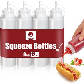 OAMCEG 20 Pack Plastic Squeeze Bottles 4 OZ Condiment Squeeze Squirt Bottles with Discrete Measurements for Ketchup, BBQ, Sauces - Includes Funnel, Erasable Marker and 28 Labels