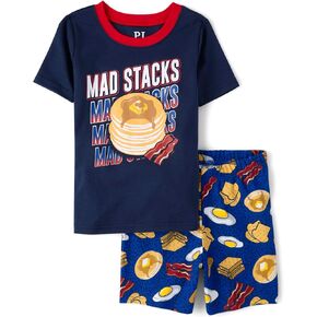 The Children's Place Boys Sleeve Top and Shorts Snug Fit 100% Cotton 2 Piece Pajama Set, Mad Pancake Stacks