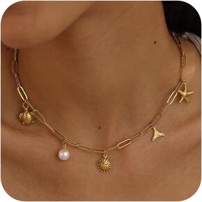 Gold Charm Necklace for Women,14k Gold Plated Waterproof Shell Pendant Necklace Summer Starfish Pearl Choker Necklaces for Women Trendy Paperclip Beach Seashell Sun Charm Necklace Jewelry