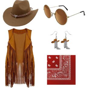Cowgirl Outfits for Women Western Costume Accessories Cowboy Hat Tassels Fringe Vest Earring Hippie Glasses Bandana