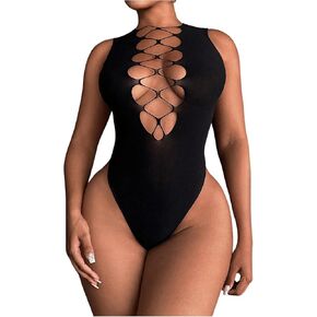SHENHE Women's Cut Out Criss Cross Deep V Sleeveless Sexy Plunge Neck Bodysuit Clubwear