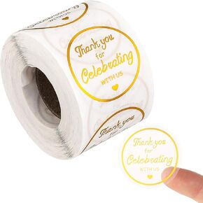 500 Pcs 1.5 Inch Gold Foil Thank You Stickers Thank You for Celebrating with Us Stickers Roll Clear Thank You Self-Adhesive Waterproof Wedding Party Favors Stickers for Packaging