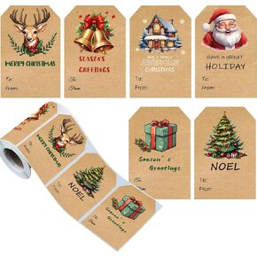 Self Adhesive Gift Tags Stickers,Christmas Gift Tags Santa Claus Stickers,Decorative Kraft Color Stickers,Writable Label for Xmas Holiday Present,180Pcs
