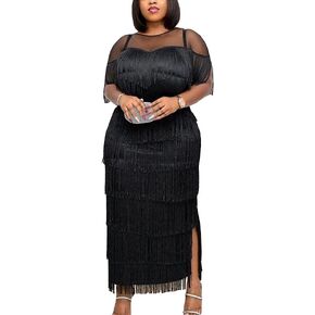 AOMEI Women's Mesh See Through Crewneck Patchwork Tassel Tiered Fringe Long Dress