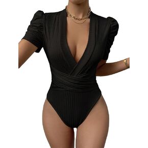 SweatyRocks Women's Deep V Neck Short Puff Sleeve Cross Wrap Slim Fit Bodysuit Tee Top