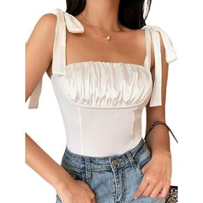 Umenlele Women's Satin Sleeveless Tie Shoulder Bodysuit Square Neck Ruched Leotard Tops Solid White Small