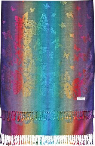 Woven Rainbow Vivid Swarm of Butterflies Pride Soft Fringe Pashmina Shawl Scarf Wrap in Saudi Arabia