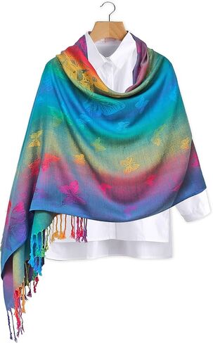 Woven Rainbow Vivid Swarm of Butterflies Pride Soft Fringe Pashmina Shawl Scarf Wrap in Saudi Arabia