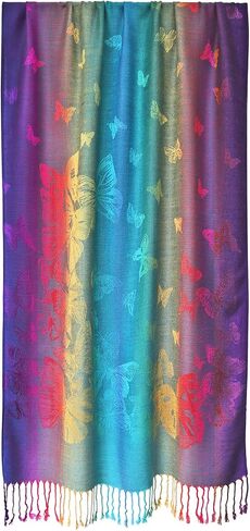 Woven Rainbow Vivid Swarm of Butterflies Pride Soft Fringe Pashmina Shawl Scarf Wrap in Saudi Arabia