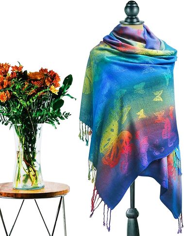 Woven Rainbow Vivid Swarm of Butterflies Pride Soft Fringe Pashmina Shawl Scarf Wrap in Saudi Arabia