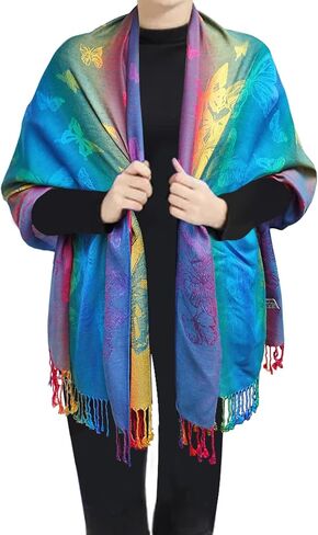 Woven Rainbow Vivid Swarm of Butterflies Pride Soft Fringe Pashmina Shawl Scarf Wrap in Saudi Arabia