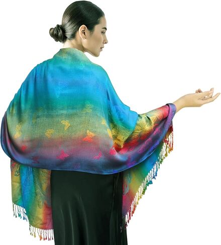 Woven Rainbow Vivid Swarm of Butterflies Pride Soft Fringe Pashmina Shawl Scarf Wrap in Saudi Arabia
