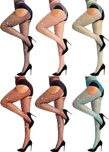 DancMolly 6 Pairs Sparkly Suspender Fishnet Pantyhose Shimmer High Waist Tights Sexy Rhinestone Leggings for Women, 18 Colors in Saudi Arabia