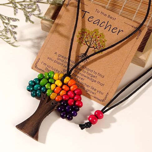 Tree of Life Wooden Necklace for Father Teacher, Handmade Rainbow Beaded Adjustable Strand Summer Beach Jewelry Gift. in Saudi Arabia