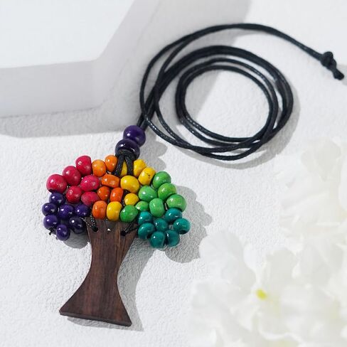 Tree of Life Wooden Necklace for Father Teacher, Handmade Rainbow Beaded Adjustable Strand Summer Beach Jewelry Gift. in Saudi Arabia