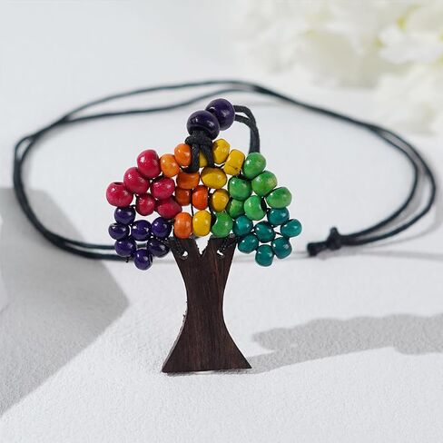 Tree of Life Wooden Necklace for Father Teacher, Handmade Rainbow Beaded Adjustable Strand Summer Beach Jewelry Gift. in Saudi Arabia
