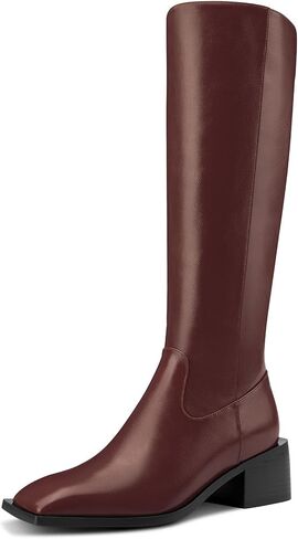 HDEUOLM Womens Chunky Block Mid Heel Square Toe Knee High Boots Slip-on Zipper Casual Cute Boots in Saudi Arabia