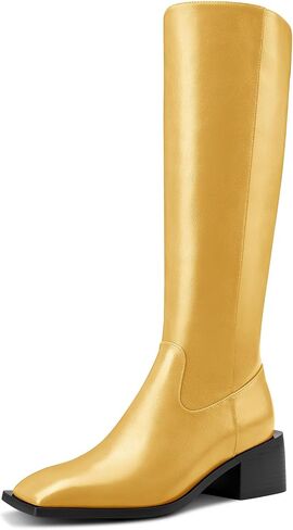 HDEUOLM Womens Chunky Block Mid Heel Square Toe Knee High Boots Slip-on Zipper Casual Cute Boots in Saudi Arabia