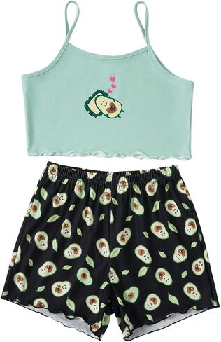 SHENHE Girl's 2 Piece Outfits Cute Avocado Graphic Spaghetti Strap Cami Top and Shorts Sets in Saudi Arabia