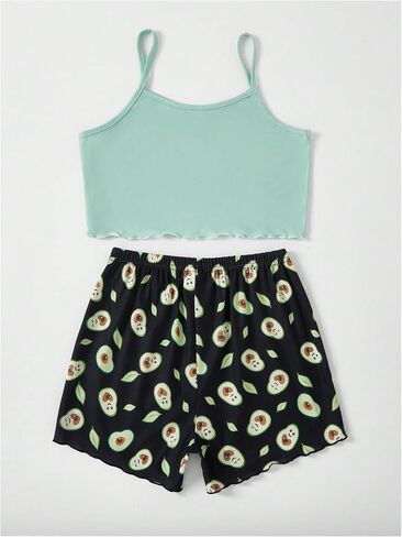 SHENHE Girl's 2 Piece Outfits Cute Avocado Graphic Spaghetti Strap Cami Top and Shorts Sets in Saudi Arabia