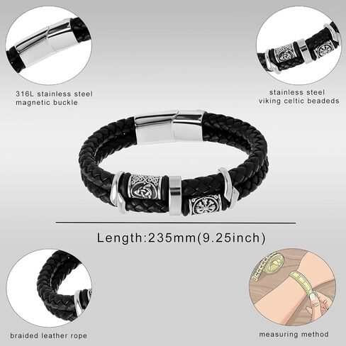 Viking Celtic Bracelet for Men Double Row Braided Leather Bracelet Stainless Steel Cuff Bracelet Norse Jewelry Gift for Him in Saudi Arabia