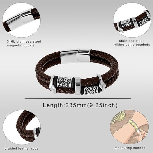 Viking Celtic Bracelet for Men Double Row Braided Leather Bracelet Stainless Steel Cuff Bracelet Norse Jewelry Gift for Him in Saudi Arabia