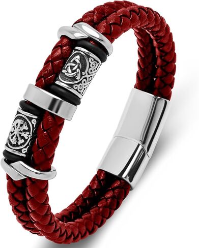 Viking Celtic Bracelet for Men Double Row Braided Leather Bracelet Stainless Steel Cuff Bracelet Norse Jewelry Gift for Him in Saudi Arabia