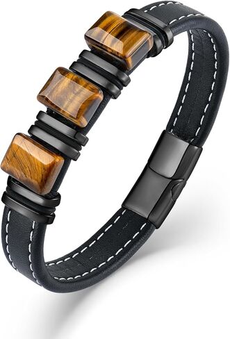 Men's Leather Bracelet Natural Tiger Eye Leather Cuff Bracelet for him,Father's Day Anniversary Jewelry Gifts in Kuwait