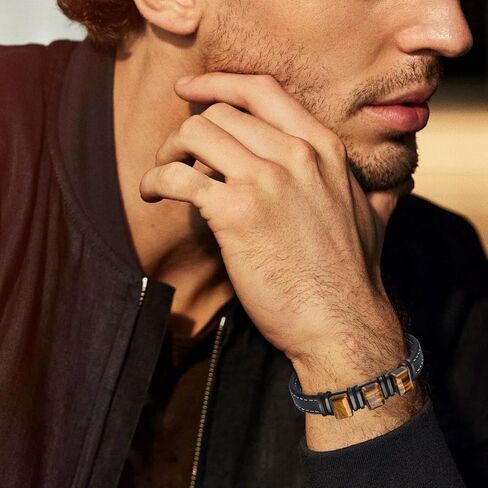 Men's Leather Bracelet Natural Tiger Eye Leather Cuff Bracelet for him,Father's Day Anniversary Jewelry Gifts in Kuwait