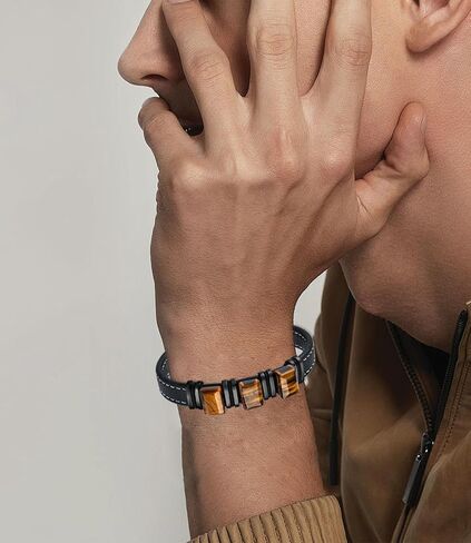 Men's Leather Bracelet Natural Tiger Eye Leather Cuff Bracelet for him,Father's Day Anniversary Jewelry Gifts in Kuwait