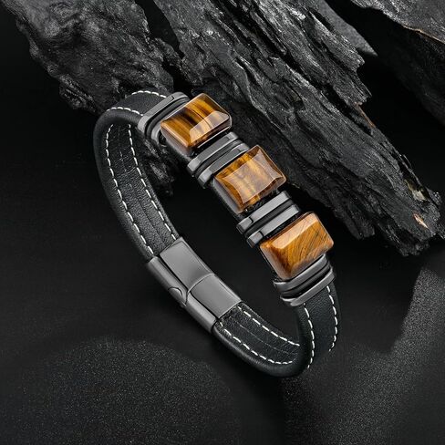 Men's Leather Bracelet Natural Tiger Eye Leather Cuff Bracelet for him,Father's Day Anniversary Jewelry Gifts in Kuwait