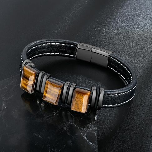 Men's Leather Bracelet Natural Tiger Eye Leather Cuff Bracelet for him,Father's Day Anniversary Jewelry Gifts in Kuwait