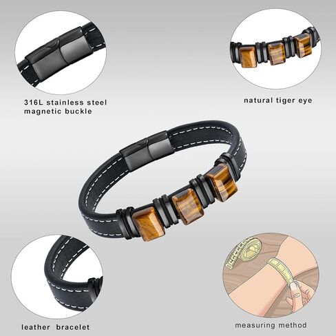Men's Leather Bracelet Natural Tiger Eye Leather Cuff Bracelet for him,Father's Day Anniversary Jewelry Gifts in Kuwait