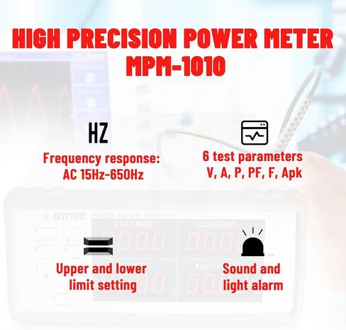 عداد الطاقة MATRIX MPM-1010، مقياس واط 15 هرتز - 650 هرتز، اختبار التيار والجهد لمقياس الطاقة AC/DC، مقياس متعدد عالي الدقة مع مجموعة الحد العلوي والسفلي وإنذار ضوء الصوت in Kuwait