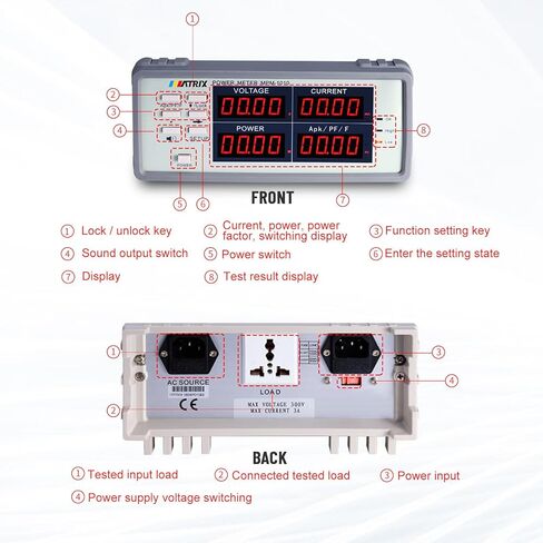 عداد الطاقة MATRIX MPM-1010، مقياس واط 15 هرتز - 650 هرتز، اختبار التيار والجهد لمقياس الطاقة AC/DC، مقياس متعدد عالي الدقة مع مجموعة الحد العلوي والسفلي وإنذار ضوء الصوت in Kuwait