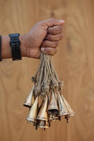 Handmade Rustic Jingle Bell Tin Coe Bells on Rope handmade Lucky Christmas Décor Bells on Jute Rope (15, Cone) in Saudi Arabia