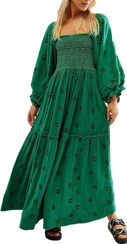 Women Casual Bohemian Floral Dress Square Neck Ruffle Swing A Line Dress Long Sleeve Beach Maxi Dress in Saudi Arabia