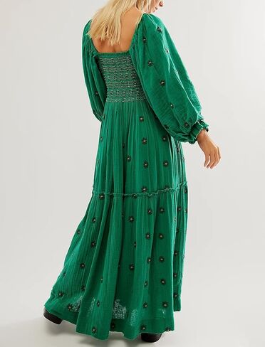 Women Casual Bohemian Floral Dress Square Neck Ruffle Swing A Line Dress Long Sleeve Beach Maxi Dress in Saudi Arabia
