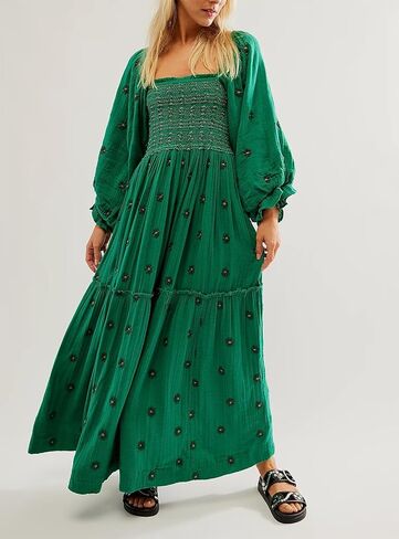 Women Casual Bohemian Floral Dress Square Neck Ruffle Swing A Line Dress Long Sleeve Beach Maxi Dress in Saudi Arabia