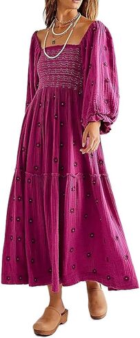 Women Casual Bohemian Floral Dress Square Neck Ruffle Swing A Line Dress Long Sleeve Beach Maxi Dress in Saudi Arabia