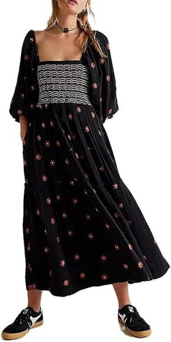 Women Casual Bohemian Floral Dress Square Neck Ruffle Swing A Line Dress Long Sleeve Beach Maxi Dress in Saudi Arabia