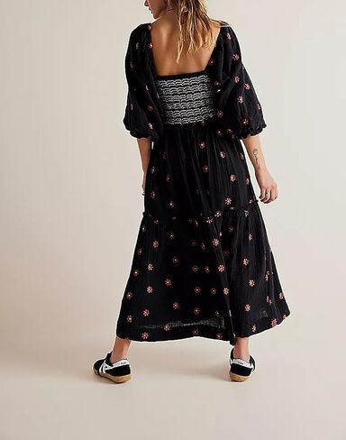 Women Casual Bohemian Floral Dress Square Neck Ruffle Swing A Line Dress Long Sleeve Beach Maxi Dress in Saudi Arabia